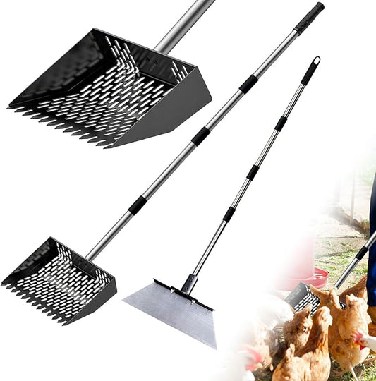 Chicken Poop Scooper for Sand with 22–62'' Adjustable Handle, Metal Chicken Coop Scoop with Rake-Style Teeth and Bonus Garden Flat Shovel for Coop Cleaning, Ice & Debris Removal