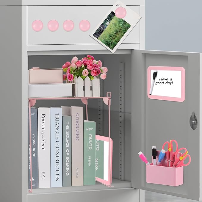 Pink locker accessories kit, locker decorations for girls, cute locker set includes locker shelf, magnetic locker mirror and whiteboard, pen holder, markers and magnets