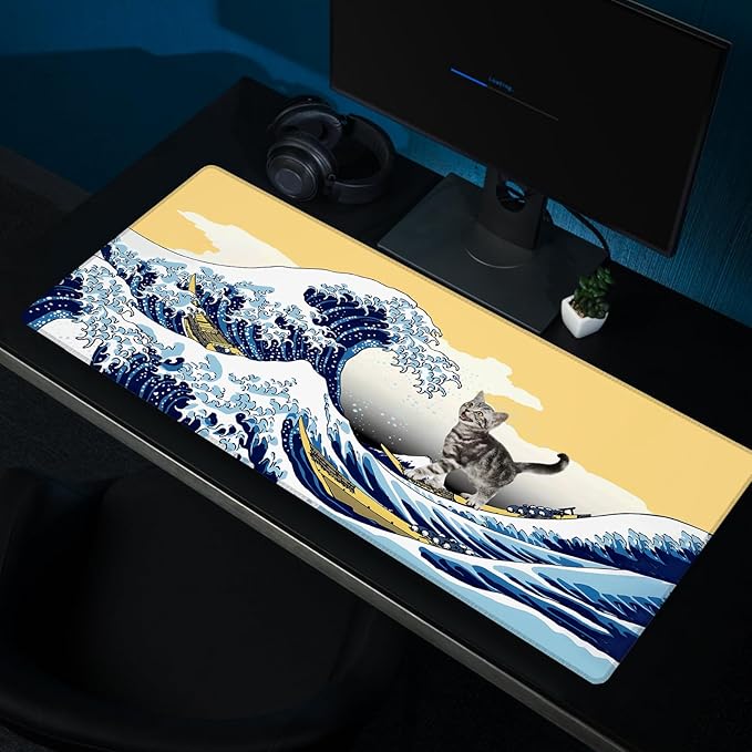 Funny Cat Surfing The Great Wave Off Kanagawa Mouse Pad - Large Non-Slip Desk Mat for Office, PC, Laptop - 35.5"x15.7" x 3mm