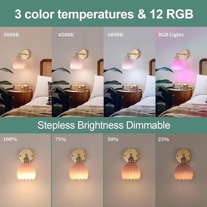 Vintage 5000 mAh Battery Operated Wall Sconce with Pink Tulip Glass Lampshade Rechargeable Battery Powered Wall Light with Remote Control for Bedroom Doorway, Set of 2