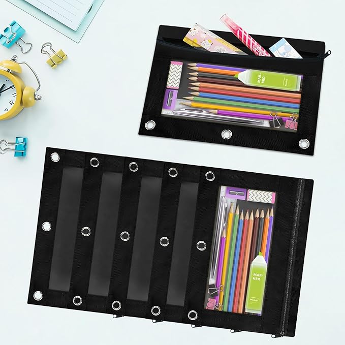Ochido Pencil Pouch for 3 Ring Binder Bulk, 30 Pack in Black, Sturdy and Durable 3-Hole Binder Cloth Pencil Bag, Zipper Pencil Case with Clear Window for Storing School Office Supplies