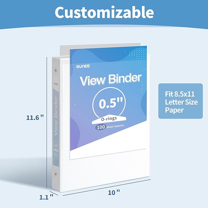 SUNEE 3 Ring Binder 1/2 Inch 1 Pack, Clear View Binder Three Ring PVC-Free (Fit 8.5x11 Inches) for School or Office Supplies, White