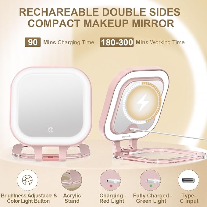 Mocado Compact Travel Makeup Mirror, 1X/30X Magnifying Mirror with Light, Double Sides Compact Mirror with 3 Color Light, Dimmable Handheld Mirror, Rechargeable Travel for Purse,Pocket(Pink)