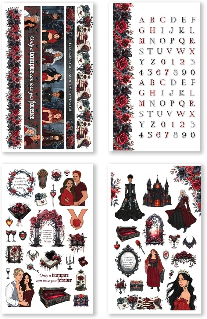 Rongrong Dark Hearts Halloween Planner Sticker Book – 24 Pages of Gothic, Vampire-Inspired Stickers – Perfect for Journals, Scrapbooks, Dark Academia & Spooky October Planner Spreads