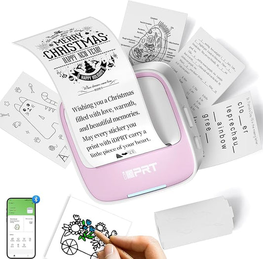 DPRT Mini Sticker Printer - S1 Portable Sticker Maker Machine with 1 Roll Sticker Paper, Bluetooth Print Pods Pocket Printer for Study Notes, Graphics, Students, Kids Gift, Free App, Pink