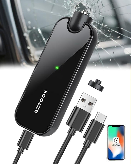 Wireless Carplay Adapter Upgraded Model adds Emergency Escape Window Breaker Function for Apple iPhone iOS 10+ & Cars from 2016+, Auto-Connect Stable Control & No Latency