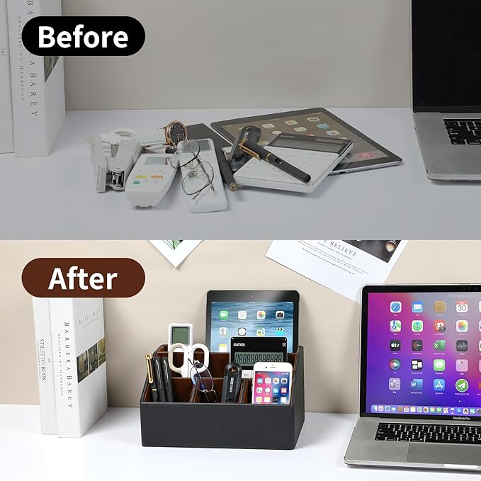 Remote Control Holder with 5 Compartments for Office Art Supplies, PU Leather Nightstand Organizer Pencil Pen Desk Caddy for Home, Desktop TV Remote Control Organizer Storage (Black)