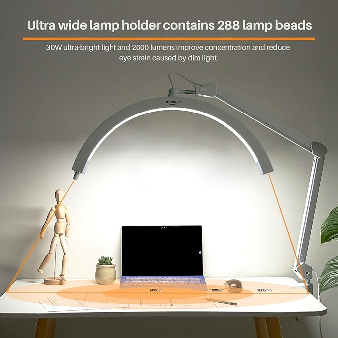 LED Half Moon Light with Desk Clamp, 30W Bright 288PCS LEDs, Metal Swing Arm for Beauty, Nail Art, Makeup, Facial Care, Tattoos, Sewing and Hand Craft DIY(White)