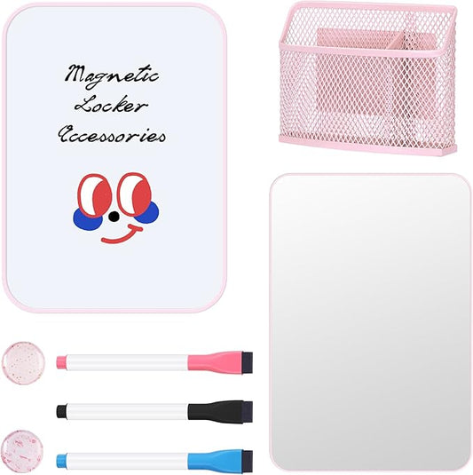 HAUTOCO Locker Accessories for Girls 8PCS Pink Locker Decoration Organizer Supplies with Magnetic Whiteboard, Magnetic Mirror, Pen Holder, Dry Erase Markers and Magnets, Back to School Essentials