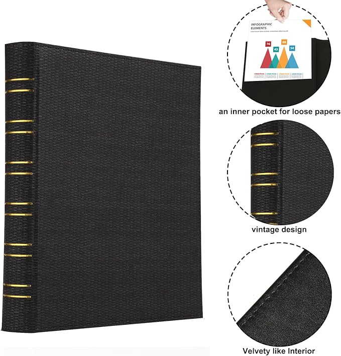 Vintage Hardback 3 Ring Binder 1 Inch, Professional Leather Binder 3 Ring, Textured Three Ring Binders Fits 8.5" x 11", D Ring Binders for Photo Album, Home, School and Office Supplies- Black