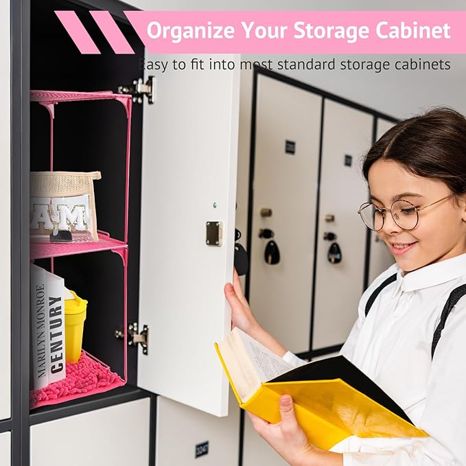 Locker Organizer Shelf Stackable Extra Locker Shelf for School Locker Organizer Storage Cabinet Accessories Suitable for School, Office, and Home use (2, Pink)