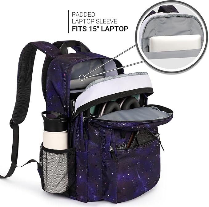 ZORFIN 26L Backpack for School, College, and Travel: Water Resistant Bookbag with 8 Compartments - Night Sky