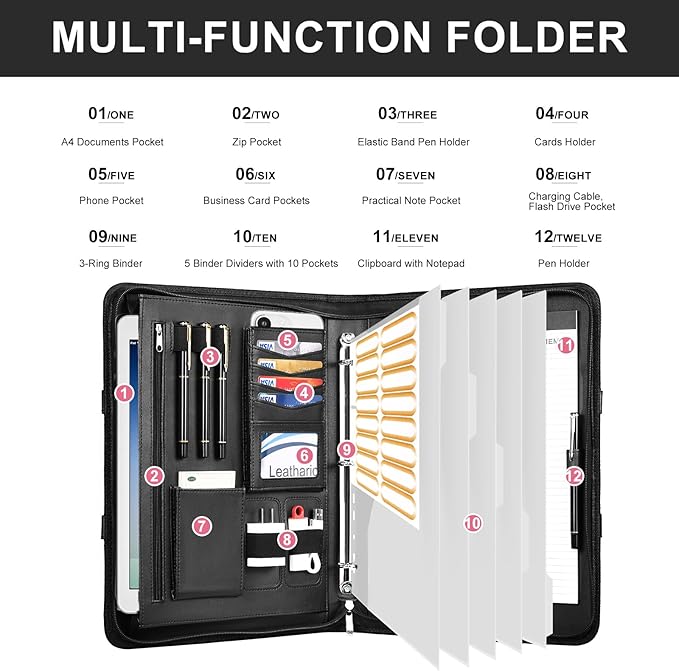 Leathario 3-Ring Portfolio Binder, Includes 5 Folder Index Dividers, 13 Inch Tablets Organizer with Handle, Vegan Leather A4 Padfolio, Multi-Pocket Notepad Business Planner Professional Document