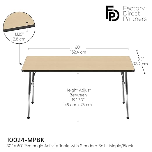 FDP Rectangle Activity School and Office Table (30 x 60 inch), Standard Legs with Ball Glides, Adjustable Height 19-30 inches - Maple Top and Black Edge