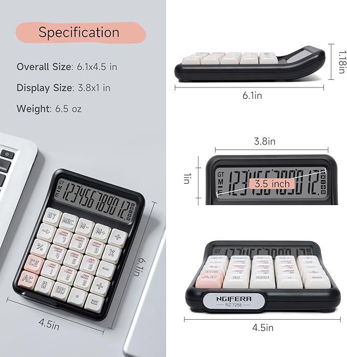 Desk Calculator, 12 Digit Large LCD Display, Big Buttons, Ergonomic 15° Tilt, Real Mechanical Keypad, Desktop Calculator for Office and Study