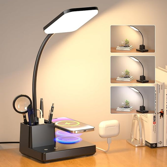 Sailstar Desk Lamp, Table Lamp with Wireless Charger & USB Port, 800LM CRI95 3 Color Modes Dimmable Touch 360°Gooseneck Pen Holder, LED Desk Lamps for Home Office, College Dorm Room, Adapter Included