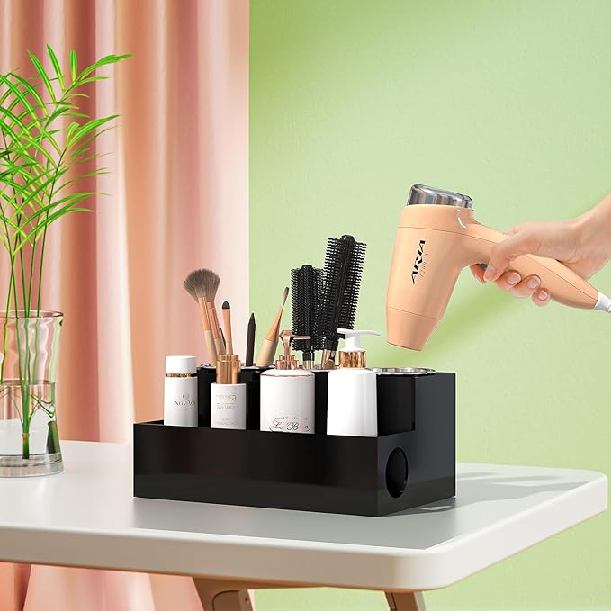 Hair Tool Organizer, Black Acrylic Hair Dryer Holder with 3 Cups, Bathroom Supplies Countertop Blow Dryer Holder, Vanity Caddy Storage Stand for Accessories, Makeup, Toiletries