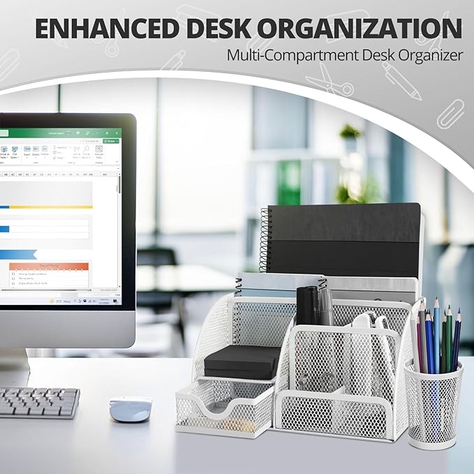 Flexzion Desk Caddy Organizer Set (White) - Metal Mesh Desktop Caddy with Drawers, 6 Compartments, and Pencil Holder for Women & Men - Desktop Organizer and Storage for Work or Office Supplies