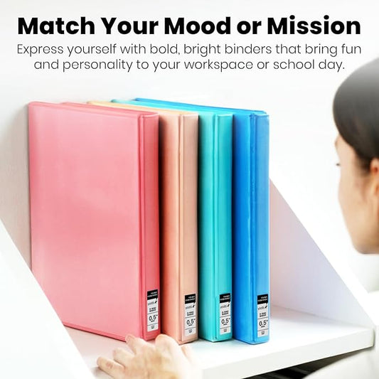 Yoobi 3 Ring Binders – 0.5 Inch Binder with Round D Rings and 2 Pockets, Durable, PVC-Free Organizer with 120 Sheets Capacity, 4- Pack Colored Binders with Plastic Cover for Office Supplies