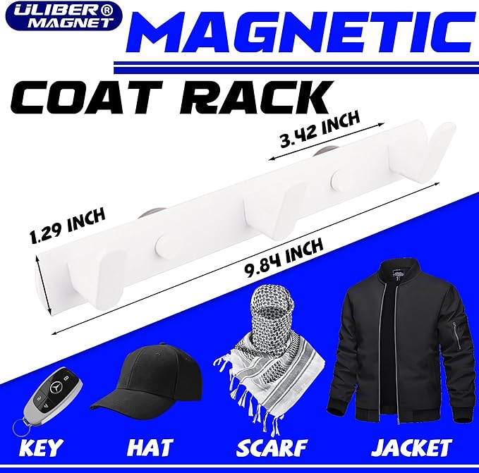 ULIBERMAGNET Magnetic Coat Hooks,Heavy Duty Magnetic Rack,Strong Rubber Magnetic Hanger for Refrigerator,Metal Cabinet,Door,Hanging Coat, Towel, Bag, Scarf, Helmet(White/3 Hooks)