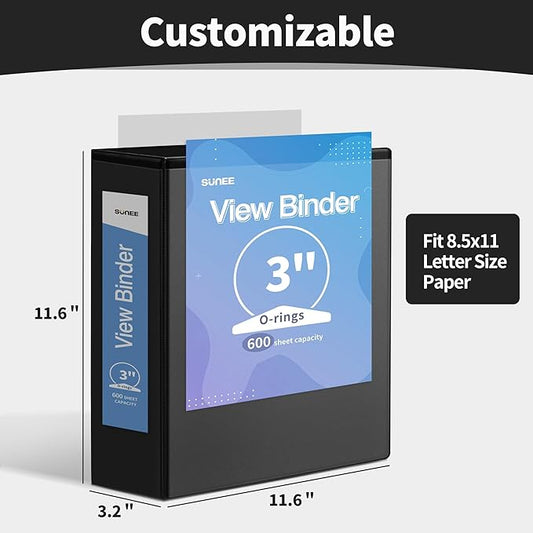 SUNEE 3 Ring Binder 3 Inch 1 Pack, Clear View Binder Three Ring PVC-Free (Fit 8.5x11 Inches) for School or Office Supplies, Black