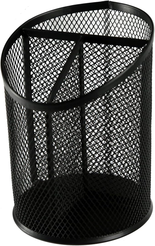 Huron Desktop 3 Compartment Round 5-3/4" Metal Mesh Pen and Pencil Holder Desk Organizer Pen Cup Pencil Cup for Desk Office Pen Organizer (1/4/24/96) (4 pc)