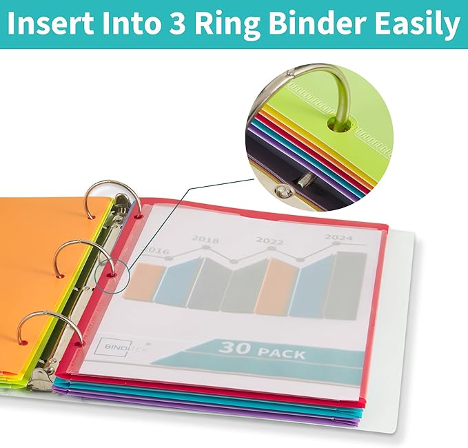Binditek 30 Pack Heavyduty Plastic Folders with Clear Front Pockets, 2-Pocket Folders with Card Slot, 3 Hole Punched for Letter Size, for 3 Ring Binder, 6 Assorted Colors