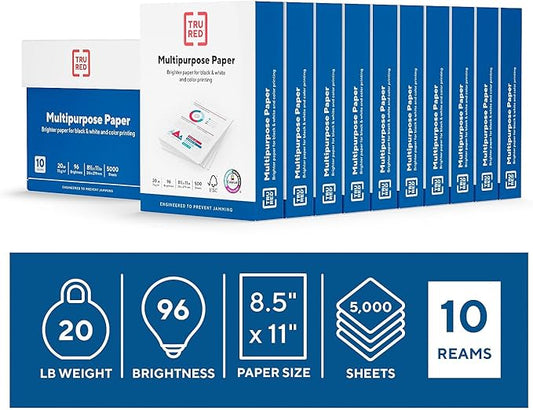 Staples TRU RED Printer Paper, 8.5" x 11" -inch, 20 lbs., 96 Brightness Rating. Matte White Paper Finish (500 Sheets/Ream, 10 Reams/Carton)