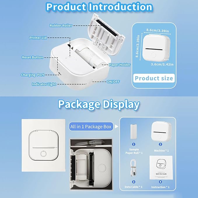 Memoking Mini Portable Printer - T02 Inkless Pocket Thermal Sticker Maker Mini Sticker Printer Mobile Label Maker for Student, Gift, White (Bunny Case Not Included)