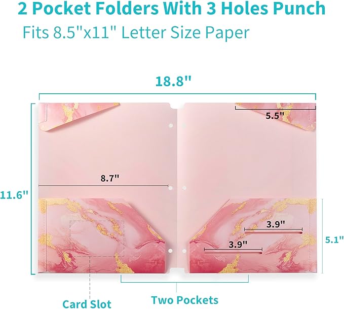 Binditek 6 Pack Heavyduty Plastic Folders with Pockets, Waterproof 2-Pocket File Folders with Card Slots, 6 Decorative Marble Color Designs, 3-Hole Punched for Letter Size