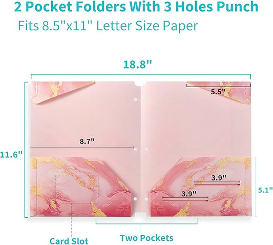 Binditek 6 Pack Heavyduty Plastic Folders with Pockets, Waterproof 2-Pocket File Folders with Card Slots, 6 Decorative Marble Color Designs, 3-Hole Punched for Letter Size