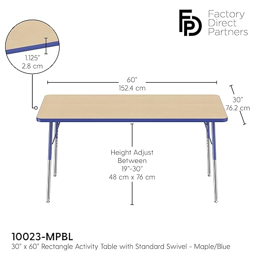 FDP Rectangle Activity School and Office Table (30 x 60 inch), Standard Legs with Swivel Glides, Adjustable Height 19-30 inches - Maple Top and Blue Edge