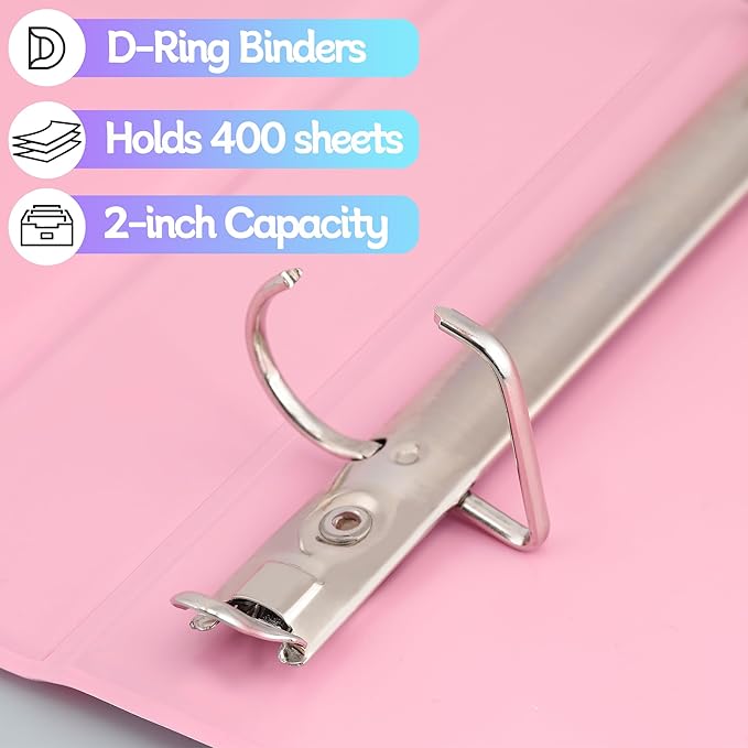Zzrywuty Durable 3 Ring Binder, 2 Inch, Economy 4 Pack, Each Holds 540 Sheets, D-Ring Presentation View Binders for Office, School, Home (Pastel Assortment)