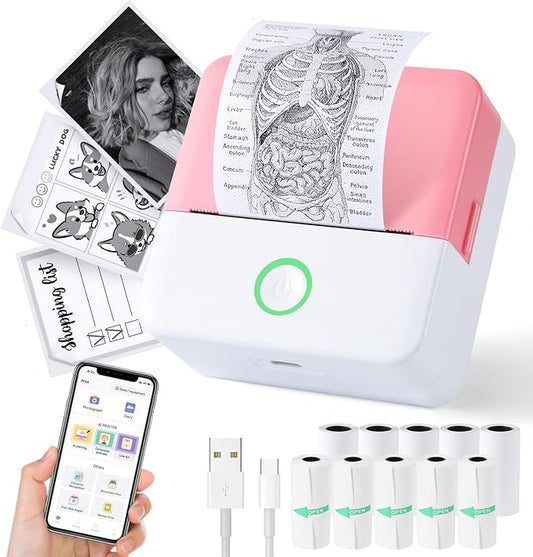 Print Pods Mini Printer, Thermal Inkless Sticker Maker with 10 Rolls Printing Paper, Pocket Printpod for phone, Impresora Portátil for Notes, Flashcards, Journal, DIY, Compatible with iOS & Android