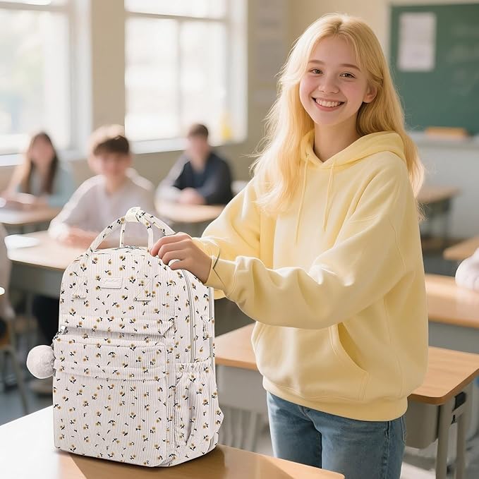 School Backpack for Girls Laptop Bookbag: Casual Corduroy Women Backpacks with USB Charging Port TSA Friendly Travel Back Pack with Anti-Theft Pockets Cute College Daypack for Teen Students Flowers