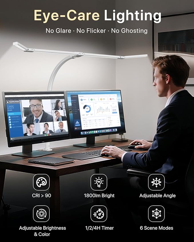 42" LED Desk Lamp with Clamp, Architect Desk Light with Remote, Adjustable 4-Segment Bar, 1800LM Bright, Eye-Caring Desk Lamp for Home Office, Reading, Study, Dual Monitors, Workbench (White)