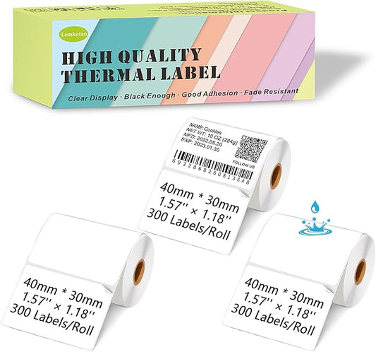 [300 Labels/Roll x 3] 40mm x 30mm Thermal Labels Compatible for Supvan T50M Pro, Phomemo M110, 1.57''x1.18'' Label Maker Tape Refill, Weatherproof & Tear-Resistant Thermal Stickers (White)
