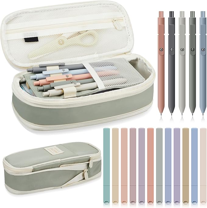 Henoyso 18 Set Aesthetic School Supplies Include Big Capacity Study Pen Bag with Zipper 12 Pcs Chisel Tip Bible Highlighters 5 Pcs Quick Dry Retractable Black Ink Pens for Student Office(Green)