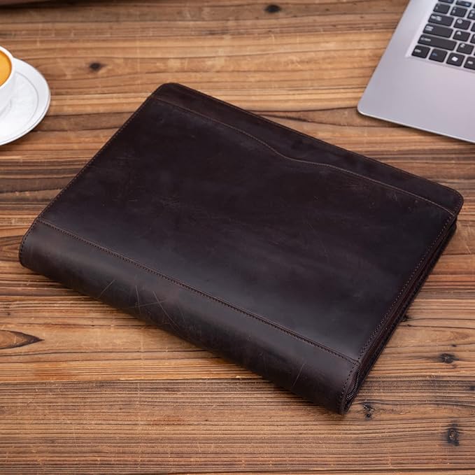 Professional Leather Business Padfolio Portfolio Case, 3 Ring Binder,Zippered Business Document Organizer Tablet Holder Folder Case,with Letter Size Notepad (Dark Brown)
