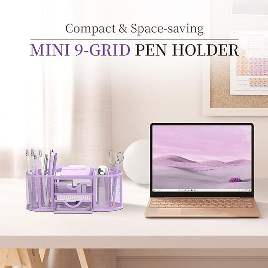 SUPEASY Mesh Desk Organizer, Desk Organizers and Accessories with Drawers, Pen Holder for Desk with 2 Drawers with 9 Compartments for Office Supplies, Purple