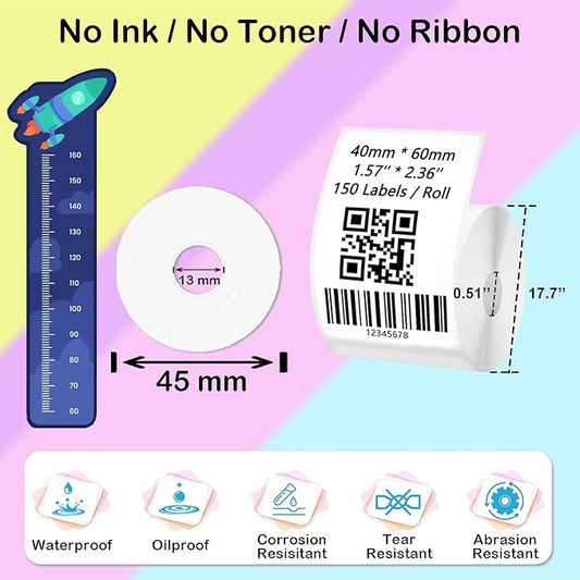 [150 Labels/Roll x 3] 40mm x 60mm Thermal Labels, 1.57'' x 2.36'' Label Maker Tape Refill, Weatherproof & Tear-Resistant Thermal Stickers Compatible for Phomemo M110, Supvan T50M Pro (White)