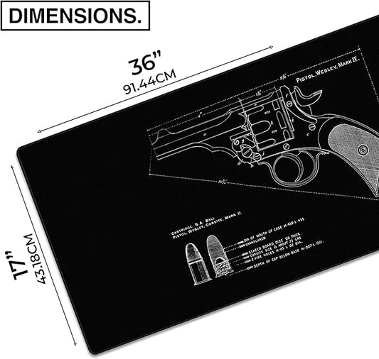 MPCO. Blueprints Large Gaming Desk Pad - 36" x 17" Duraglyde Fabric Pistol Webly Mark IV – Black Desk Mats - Non-Slip, Washable, Smooth Glide for Precision Gaming & Work