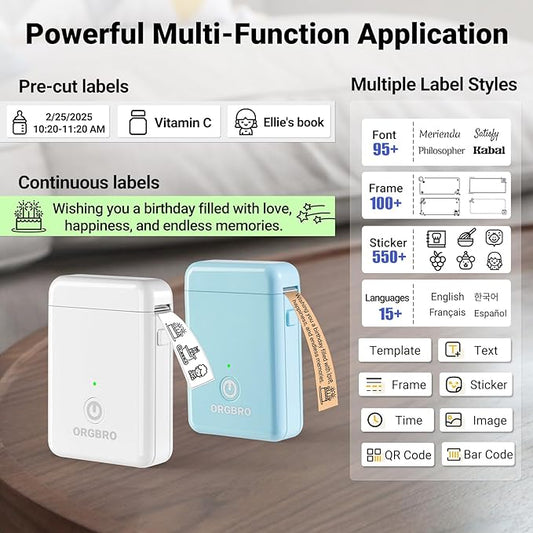 ORGBRO Label Maker Machine with Tape, X1 Portable Bluetooth Mini Label Printer, Support Pre-Cut & Continuous Label, Wireless Small Label Makers with Versatile App for School Home Office Organization