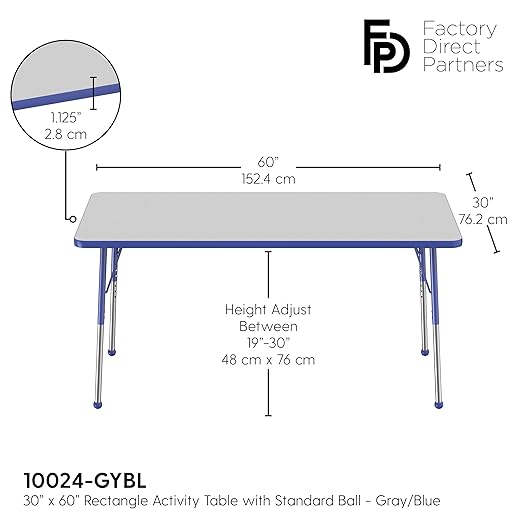 FDP Rectangle Activity School and Office Table (30 x 60 inch), Standard Legs with Ball Glides, Adjustable Height 19-30 inches - Gray Top and Blue Edge