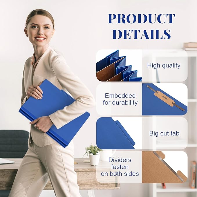 60 Pcs Classification Folders Letter Size, 3 Divider Pressboard File Folder with Fasteners, Expanding File Organizer Bulk for Teachers, Clergy, Office, Church, Christmas Donations (Dark Blue)