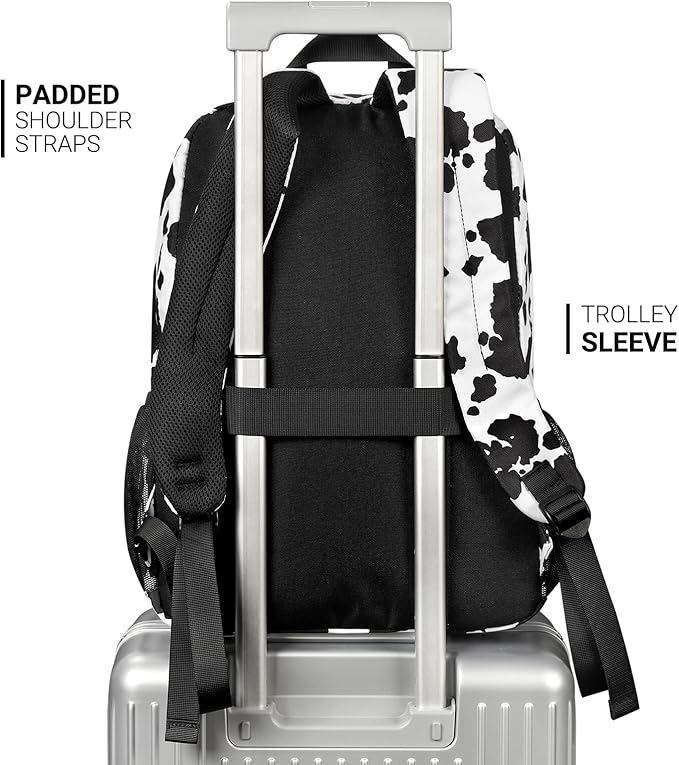 ZORFIN 26L Backpack for School, College, and Travel: Water Resistant Bookbag with 8 Compartments - Cow Print Black