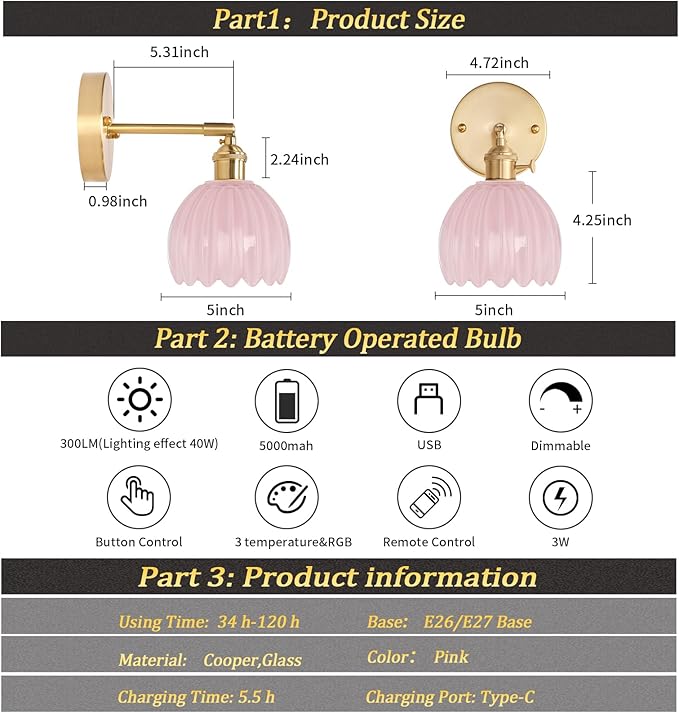 Vintage 5000 mAh Battery Operated Wall Sconce with Pink Tulip Glass Lampshade Rechargeable Battery Powered Wall Light with Remote Control for Bedroom Doorway, Set of 2