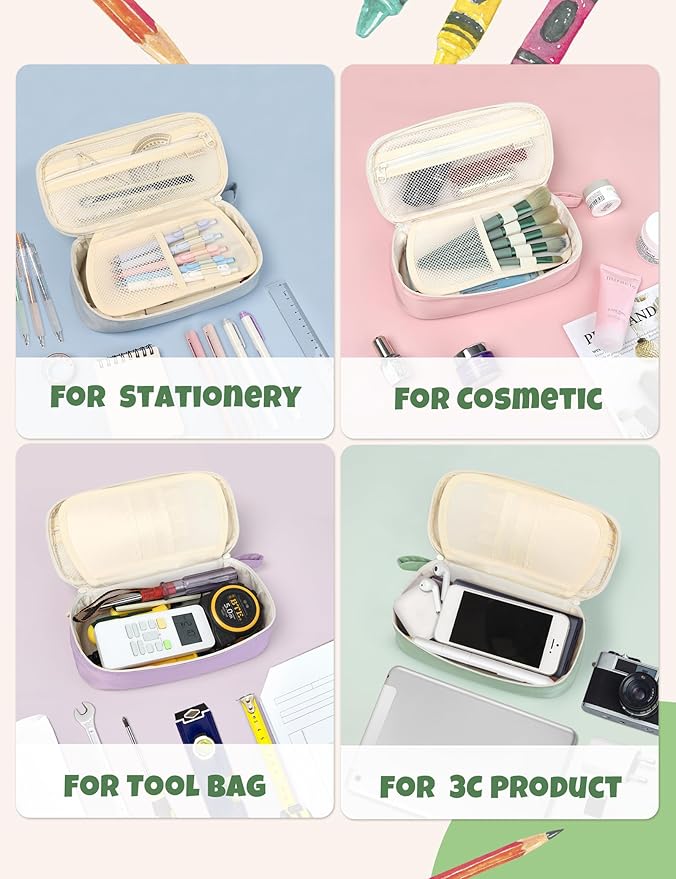 SUNEE Cute Pencil Case, Aesthetic Pen Pouch, Colored Large Pencil Bag with Zipper, Kawaii Stationery Storage and Organizer, Green School Supplies for Teen and Adult Girls