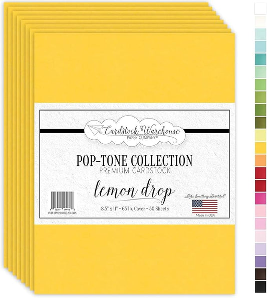 Cardstock Warehouse Pop-Tone Lemon Drop Yellow Cardstock Paper – 50 Sheets, 8.5 x 11" - 65 lb / 175 GSM Premium Yellow Card Stock for Die-cutting, Crafts, Printing, Card Making and DIY Projects