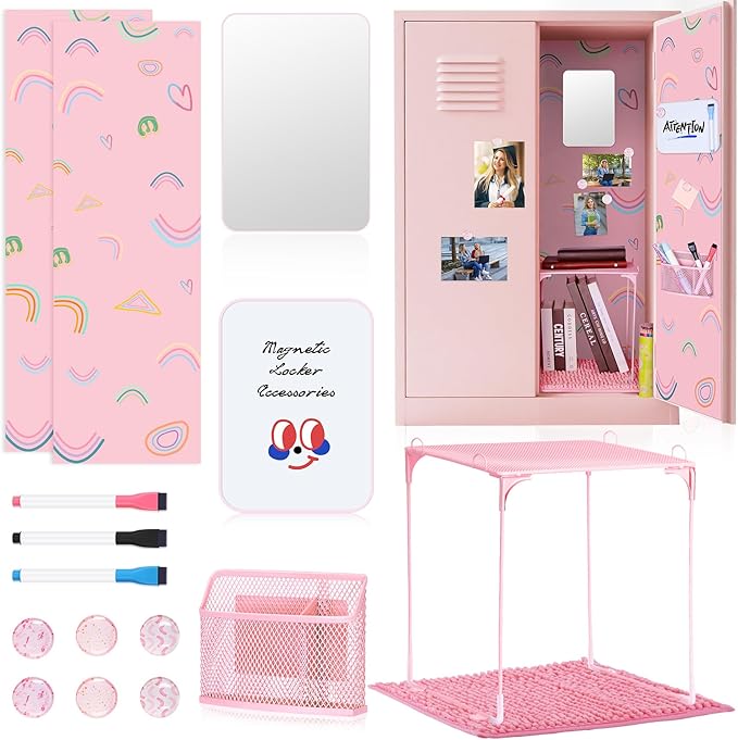 HAUTOCO 16 Pcs Locker Accessories for Girls Pink Locker Organizer Decorations with Shelf, Rugs, Magnetic Wallpaper, Whiteboard, Mirror, Markers, Pen Holder, Magnets, Back to School Work Essentials